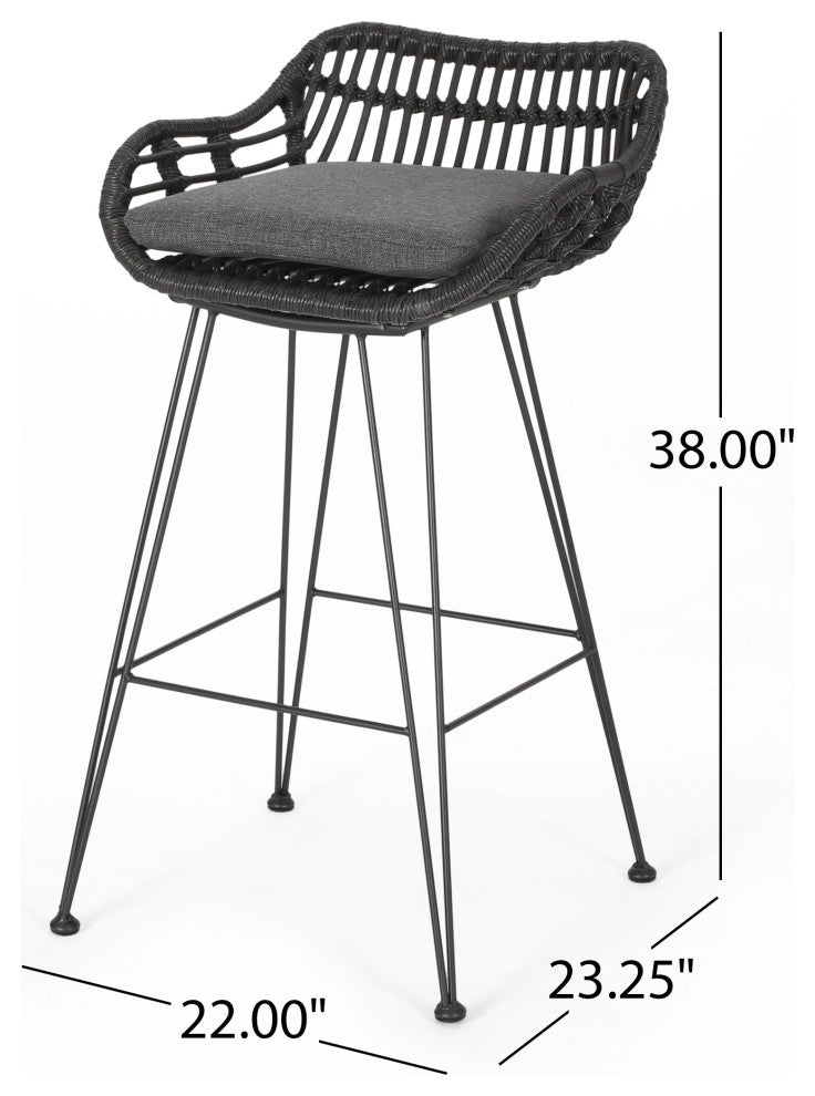 Lisa Outdoor Wicker Barstools with Cushions, Set of 2, Gray, Black, Dark Gray