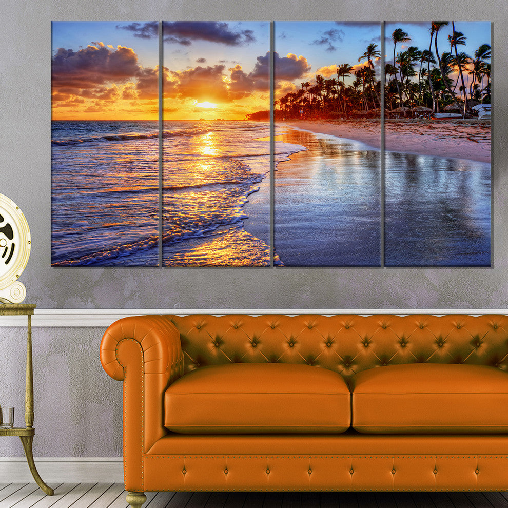 Beach Side Resort With Palm Trees, Seashore Canvas Print, 48"x28", 4 Panels