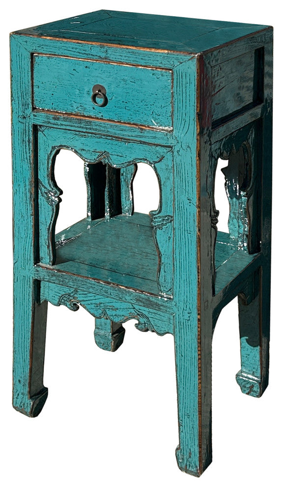 Distressed Gloss Teal Blue Pedestal Stand Side Table Chest