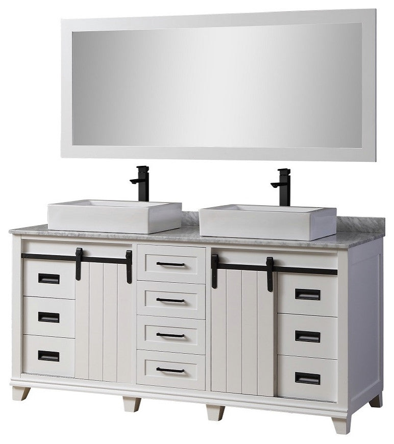 72" Ultimate Chanceton Bath Vanity, White With Vessel Sinks and Mirror
