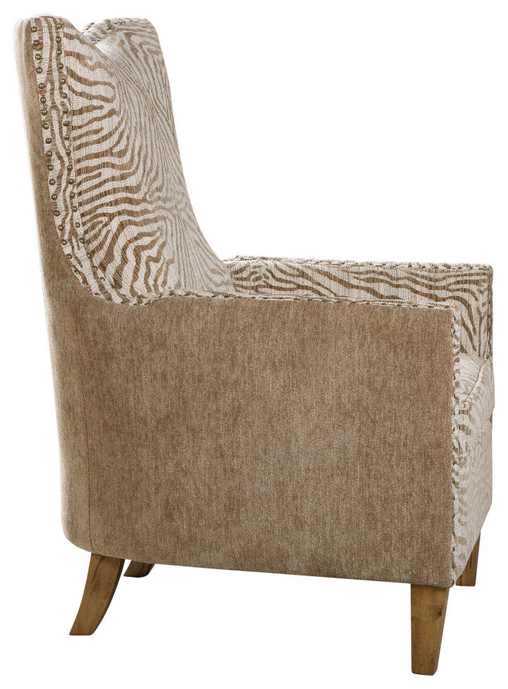 Uttermost Kiango Wood Fabric and Metal Animal Pattern Armchair in Brown/White
