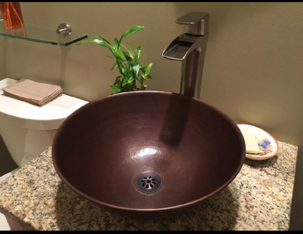 14" Rustic Round Hand Hammerd Copper Vessel Bathroom Sink Drain Included