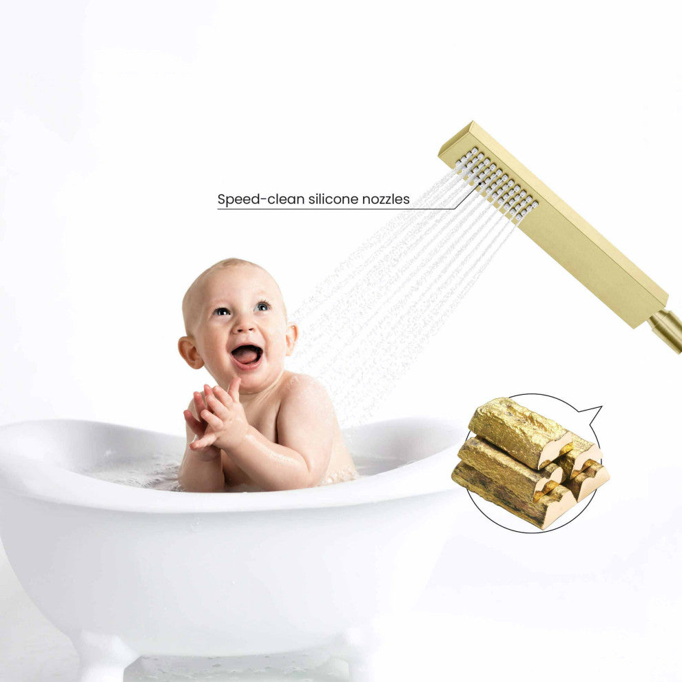 Cube Single Handle Floor Mount Tub Filler With Hand Shower, Brushed Gold
