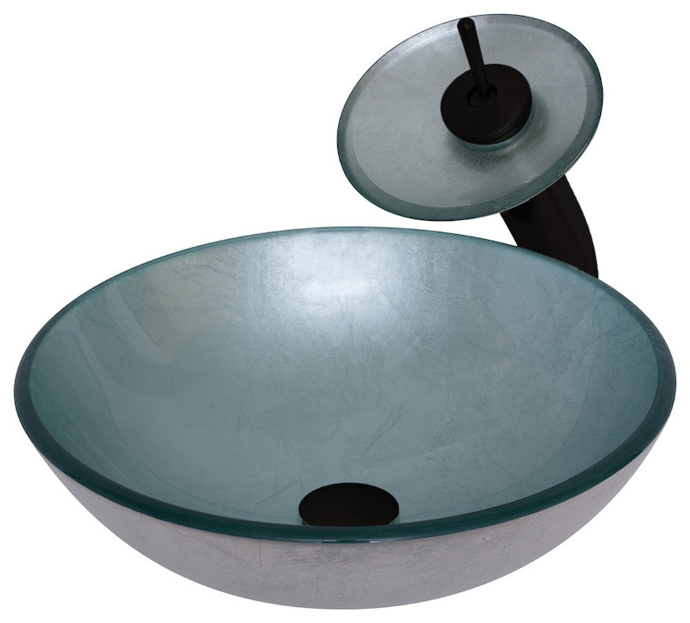 Argento Round Silver Foiled Glass Vessel Bath Sink Combo with Faucet and Drain, Matte Black