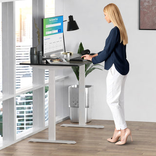 Rise Up Bamboo Electric Adjustable Height Office Desk, White Frame, Black Bamboo Desktop