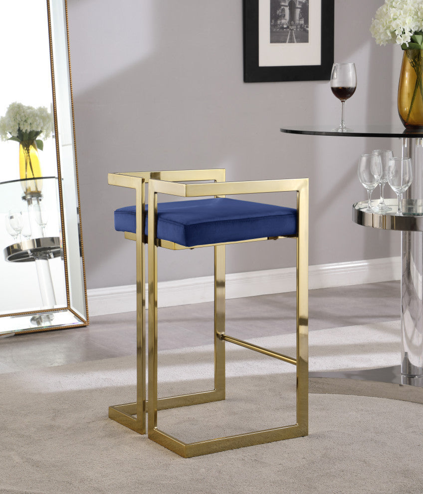 Ezra Counter Stool, Set of 2, Navy Velvet, Gold Base