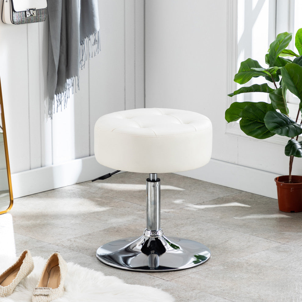 Round Swivel Faux Leather Vanity Stool, White, Standard