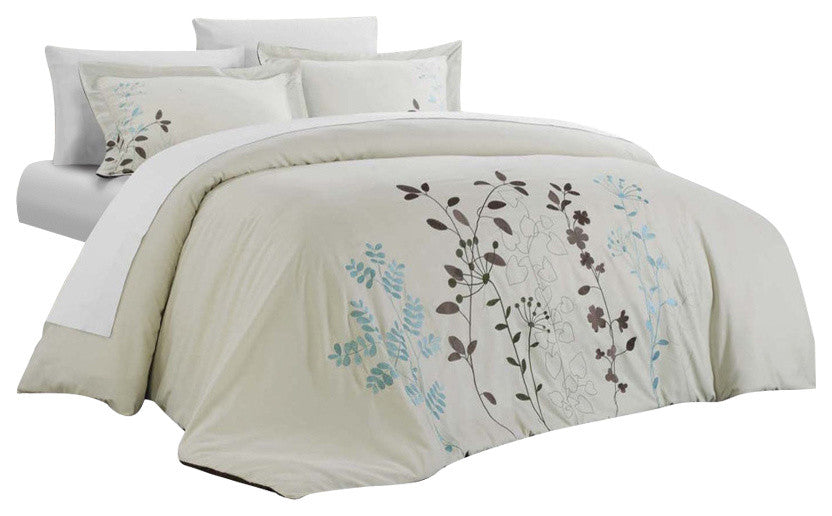 Kathy Kaylee Floral Embroidered 7-Piece Duvet Cover Set, Queen Beige