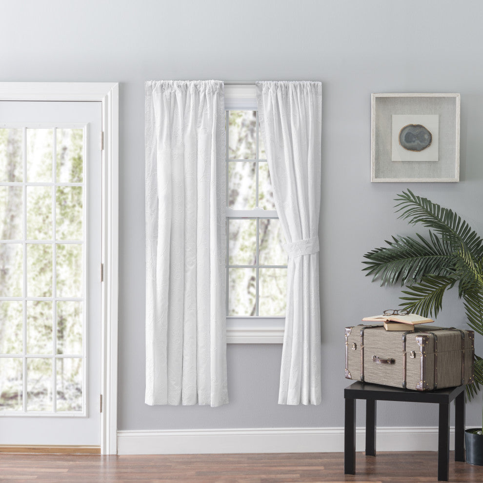 Eva Candlewick Rod Pocket Curtain Pair with Tiebacks, White, 100" X 63"
