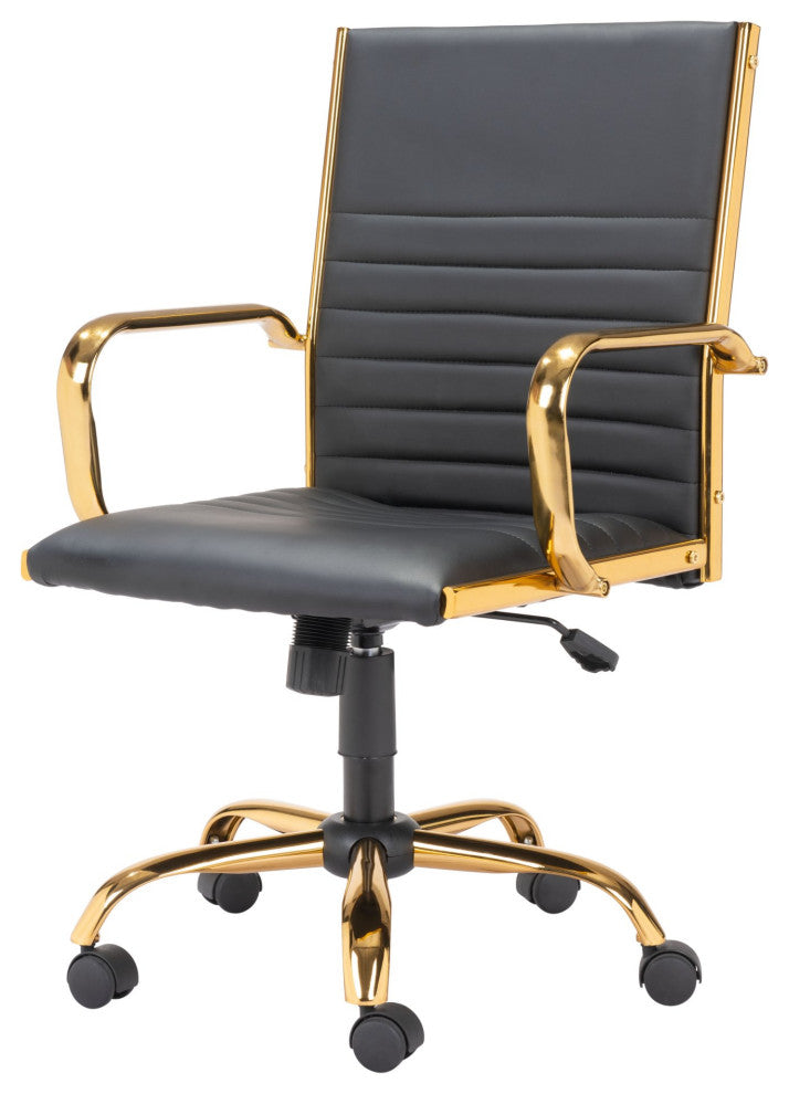 Computer Chair, Faux Vinyl Leather, Steel, Black, Gold, Home Business Office