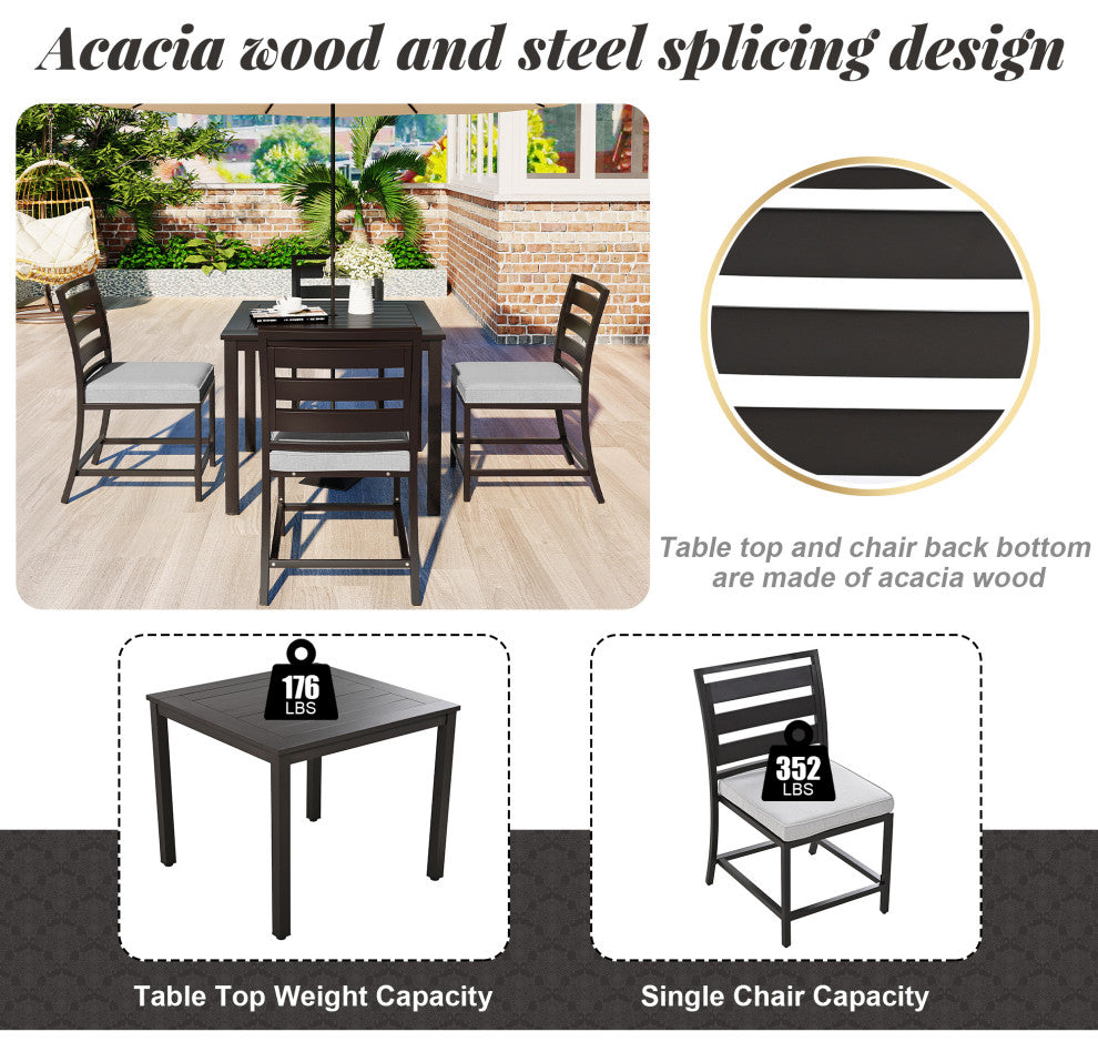5-Piece Outdoor Steel Patio Dining Set with table and four chairs, Dark Brown