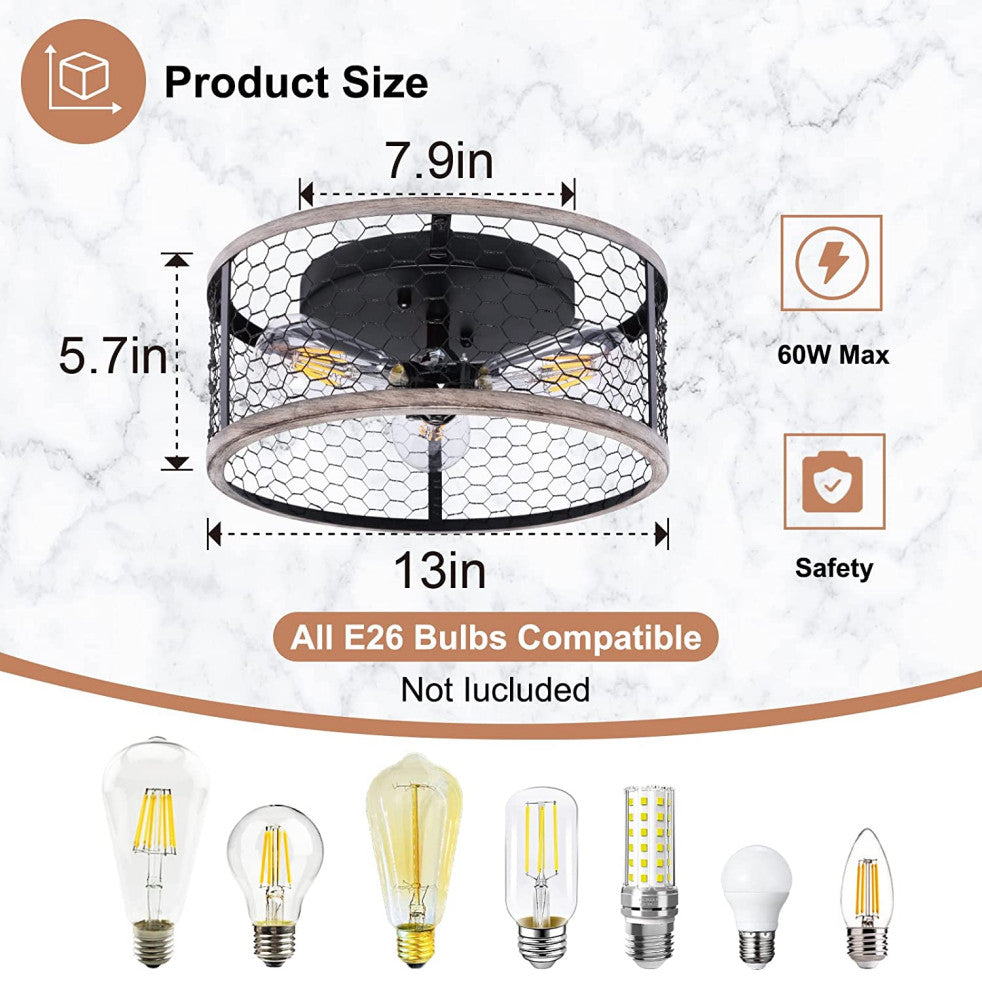 3 Light Rust Ceiling Light Fixture, Industrial Cage, Semi Flush Mount