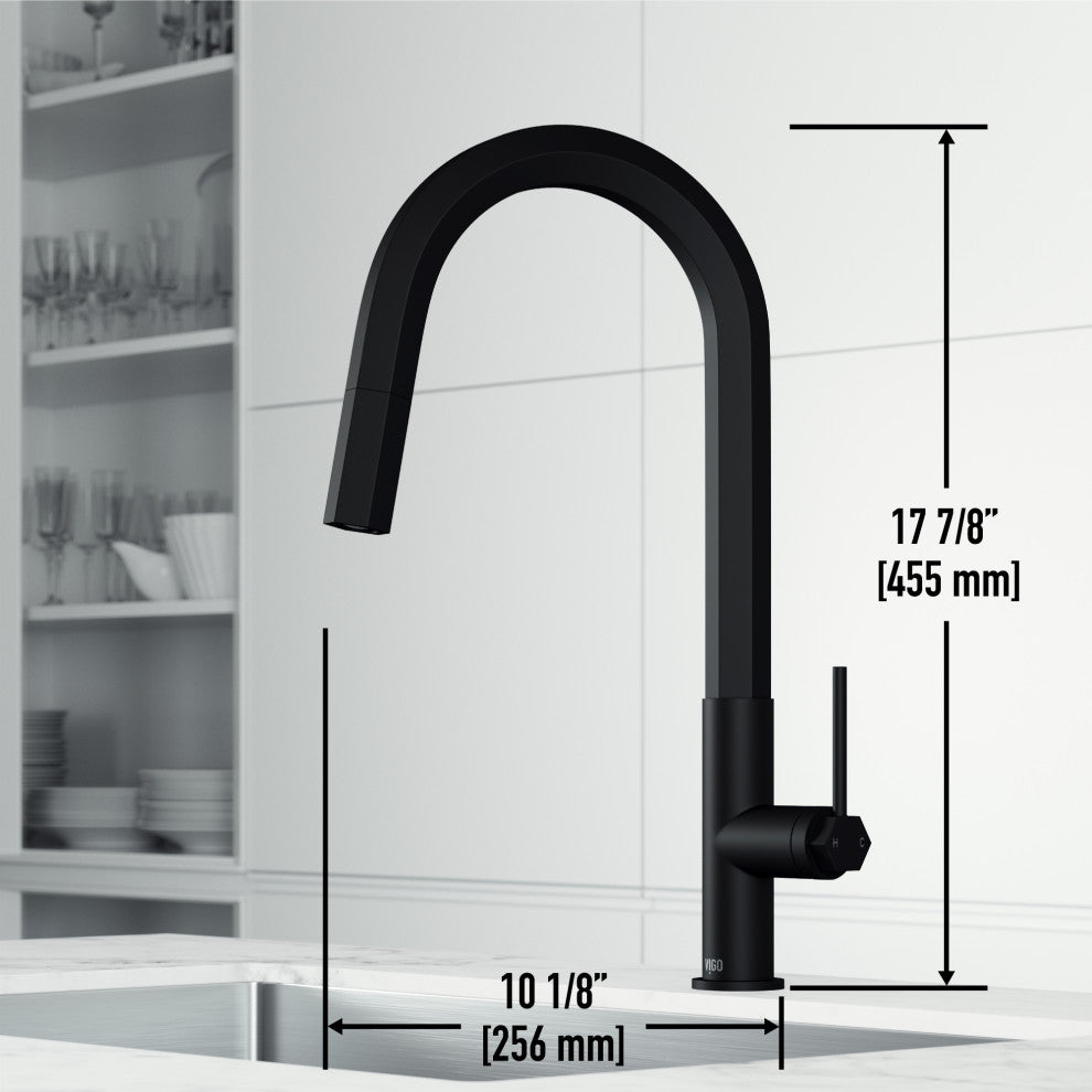 VIGO Hart Hexad 18" H Single Handle Pull-Down Kitchen Faucet, Matte Black, Without Extras