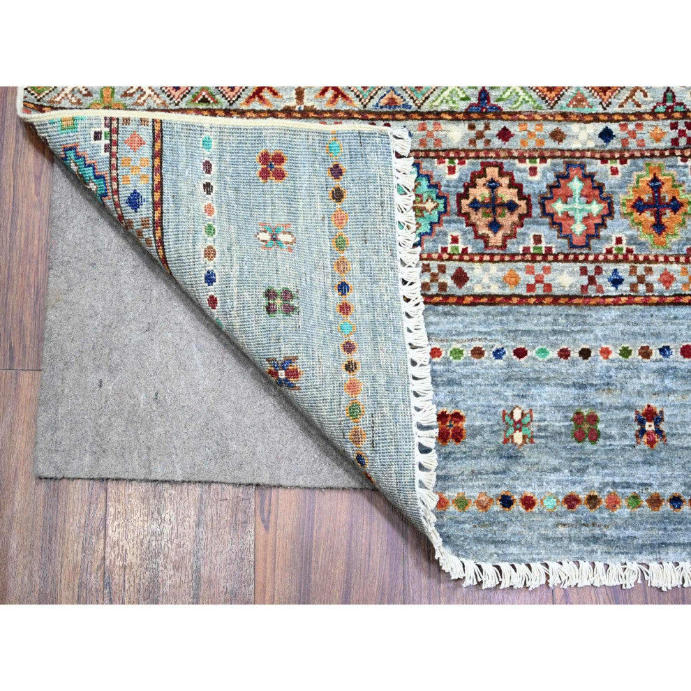 Blue Gray Super Kazak Khorjin Design Hand Knotted Wool Oriental Rug 8'2"x11'10"