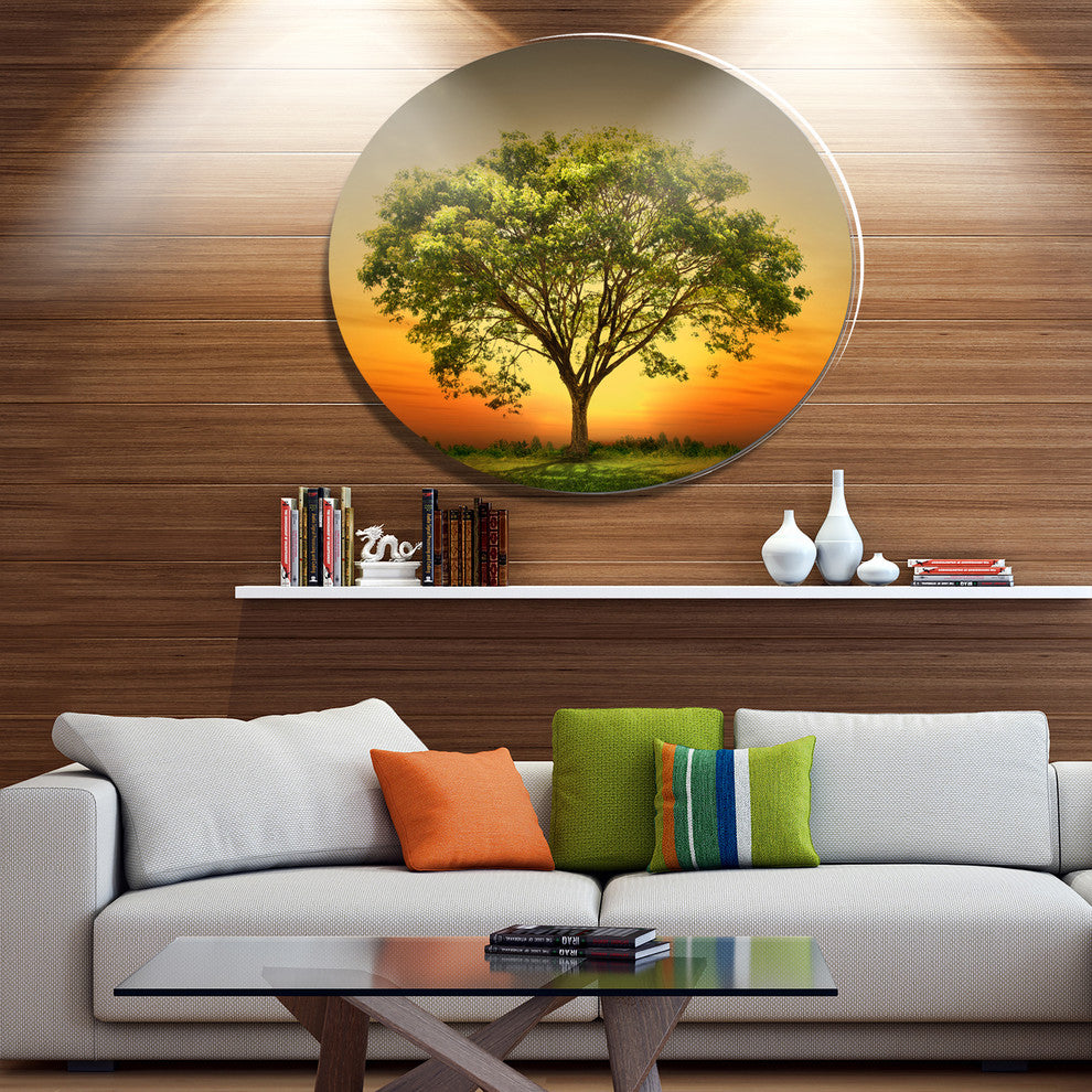 Green Tree Against Setting Sun, Modern Trees Disc Metal Artwork, 36"