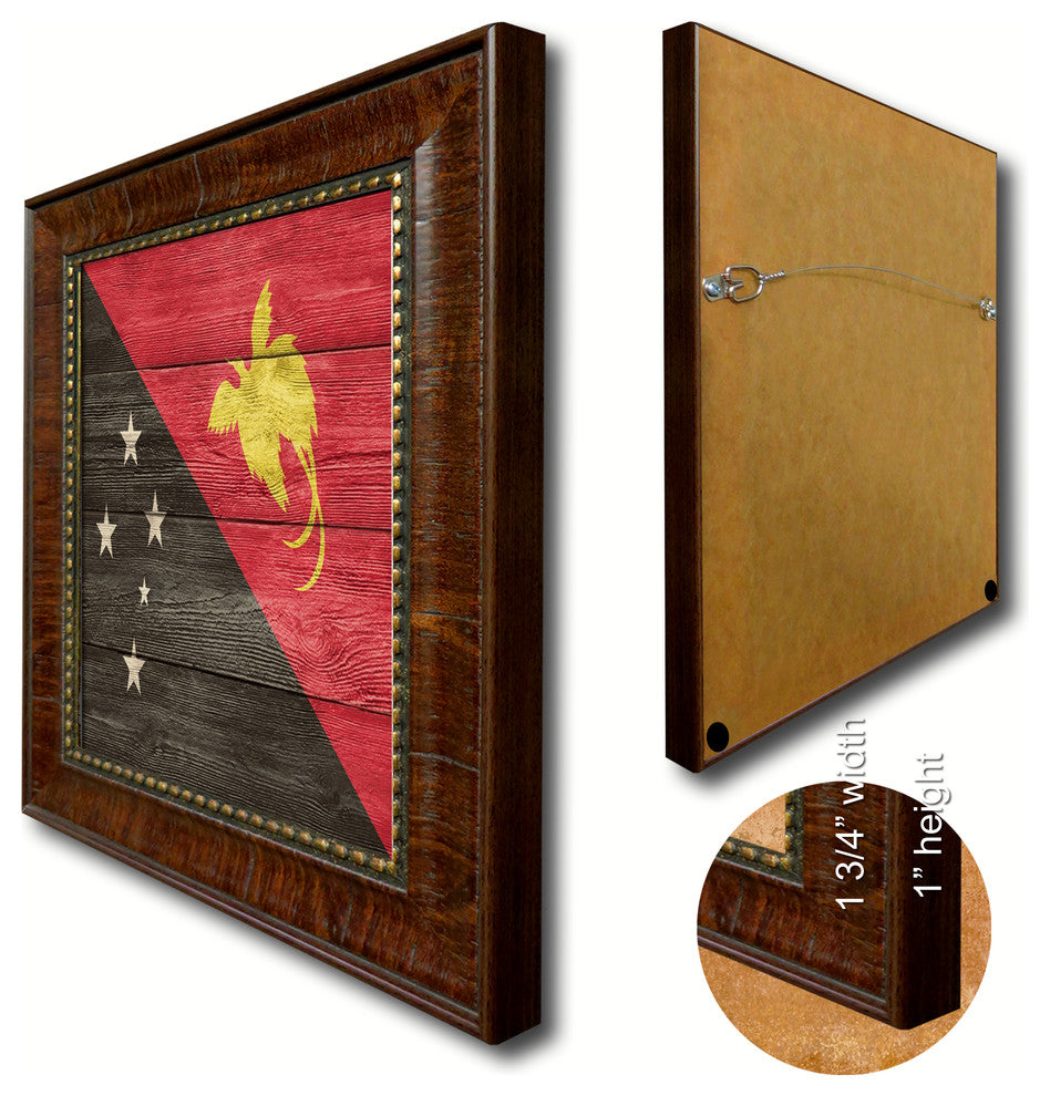 Papua New Guinea Country Textured Flag Print With Brown Gold Frame, 19"X27"