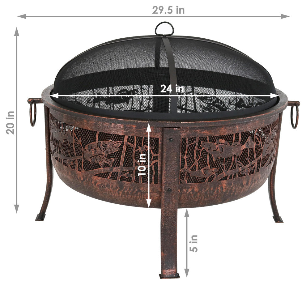 Sunnydaze Northwoods Fishing Fire Pit With Spark Screen, 30" Diameter