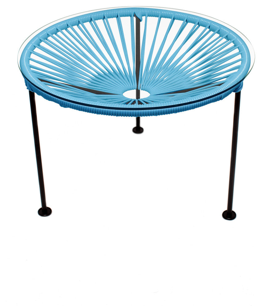 Zicatela Indoor/Outdoor Handmade Side Table, Blue Weave, Black Frame