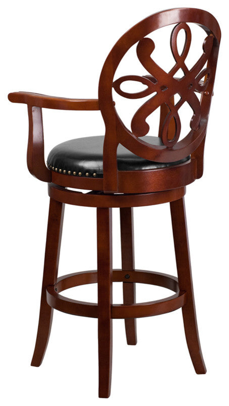 30" High Cherry Wood Barstool With Arms and Black Leather Swivel Seat