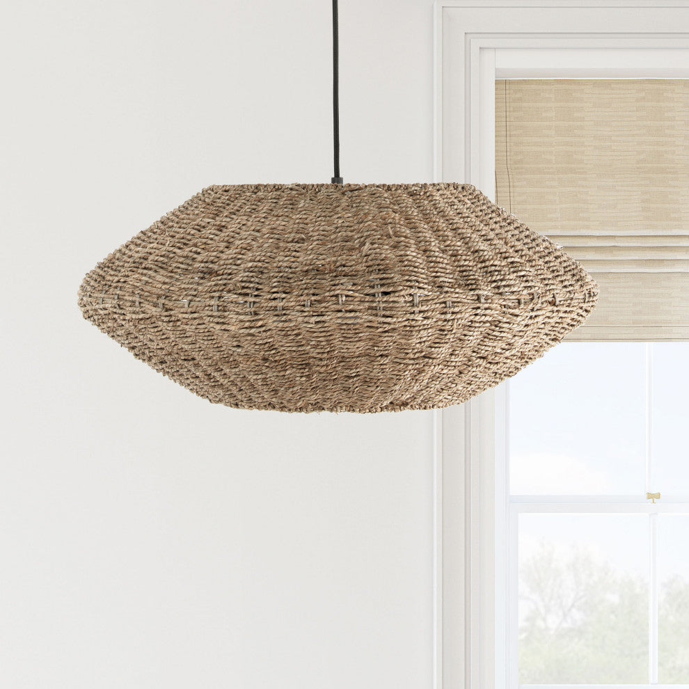 Pourel Transitional 3 Light Natural Matte Black Seagrass Pendant