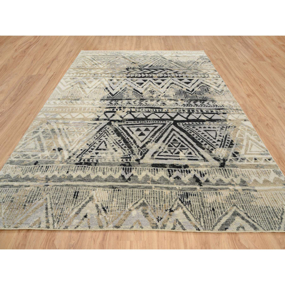 Gray, Erased Ethnic Geometric Design, Pure Wool Hand Knotted Rug, 9'1" x 12'0"