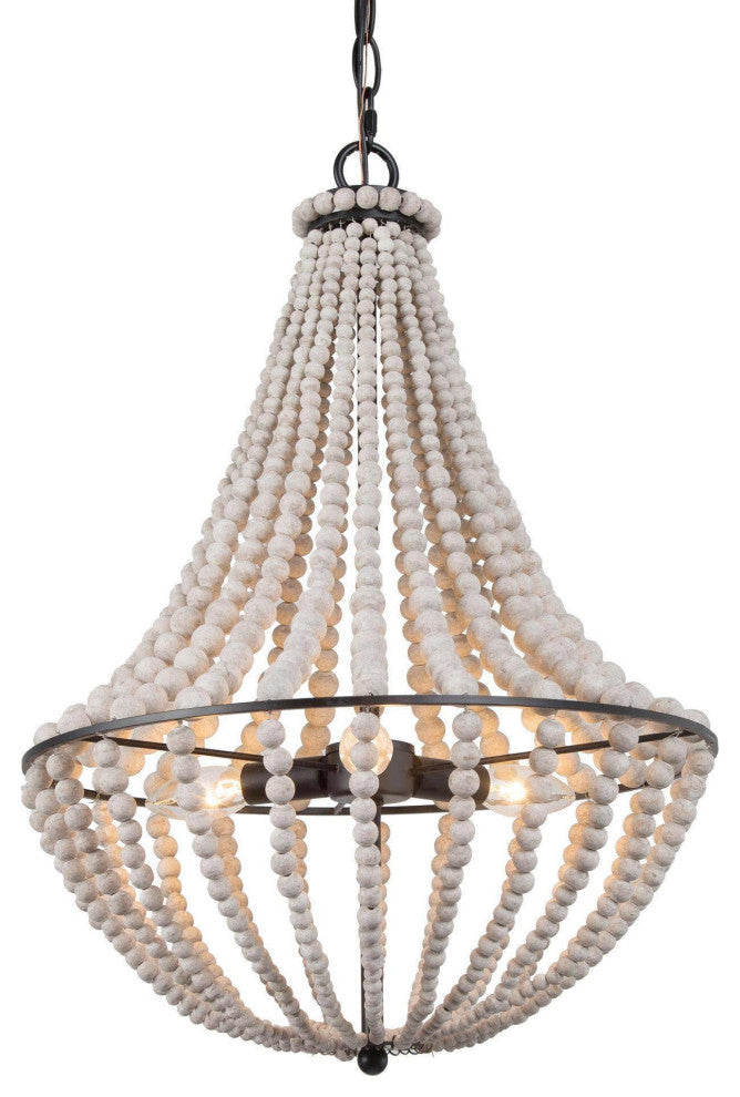 3-Light Distressed White and Matte Black Bohemian/Global Beaded LED Chandelier