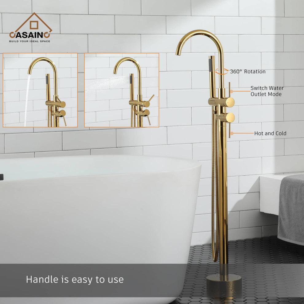 Freestanding Bathtub Faucet Hand Shower Floor-Mount High-arc Tub Faucet 2-Handle