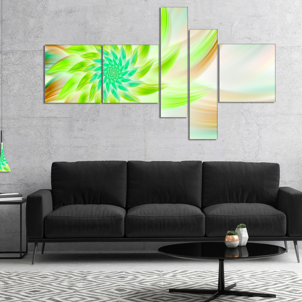 Huge Bright Green Fractal Flower, Floral Canvas Art Print, 60"x32", 5 panels