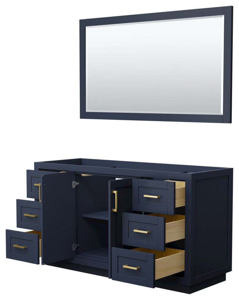 60" Single Bathroom Vanity, Dark Blue, No Countertop, Gold Trim, 58" Mirror