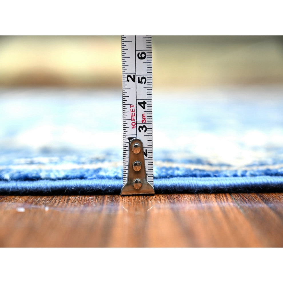 Sapphire Blue Natural Wool Fine Peshawar Hand Knotted Wide Runner Rug 3'7"x9'11"