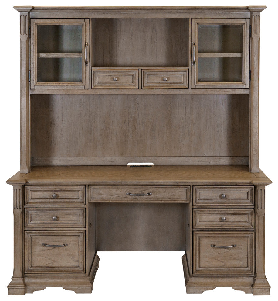 Traditional Wood Hutch With Glass Doors Fully Assembled Light Brown