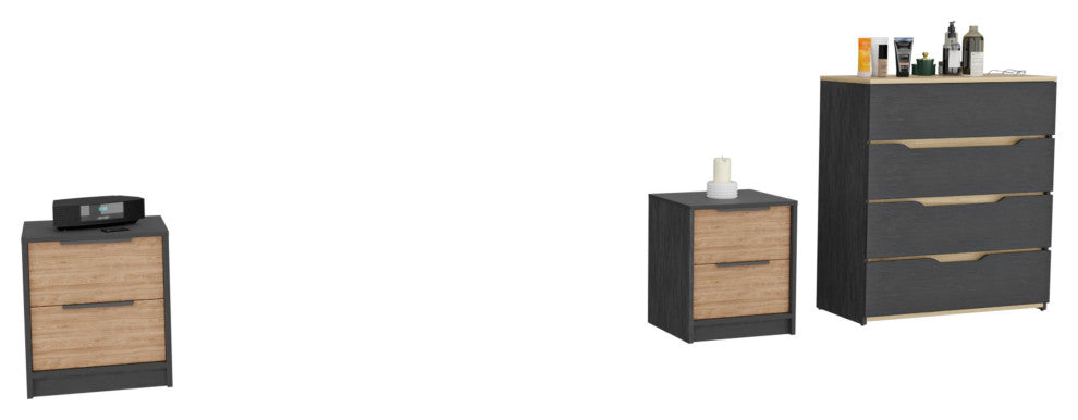 Blaine 3-Piece Bedroom Set, 2 Nightstands and Dresser, Black/Pine/Light Oak