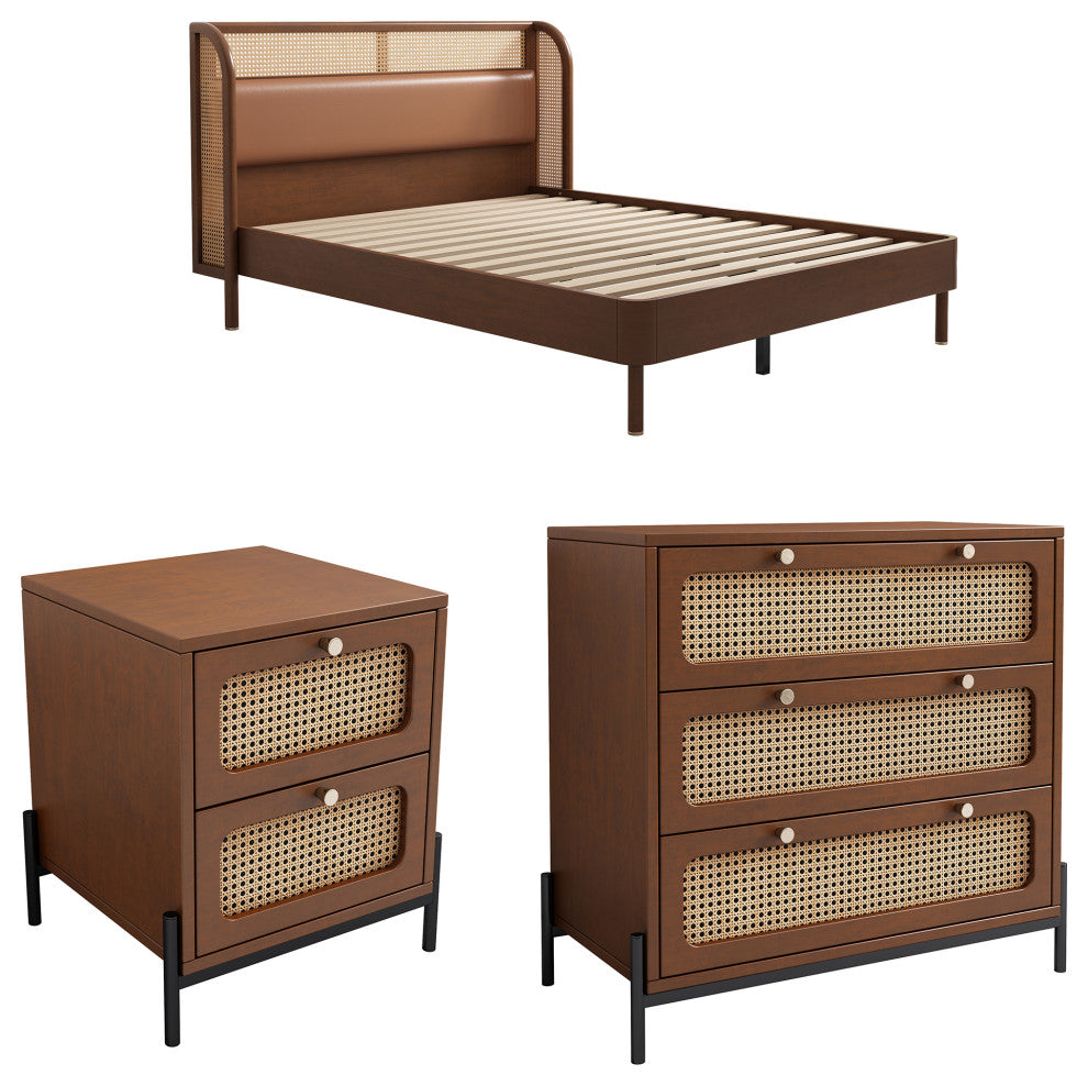 TATEUS Cannage Rattan Wood Platform Queen Bed + Nightstand+Chest