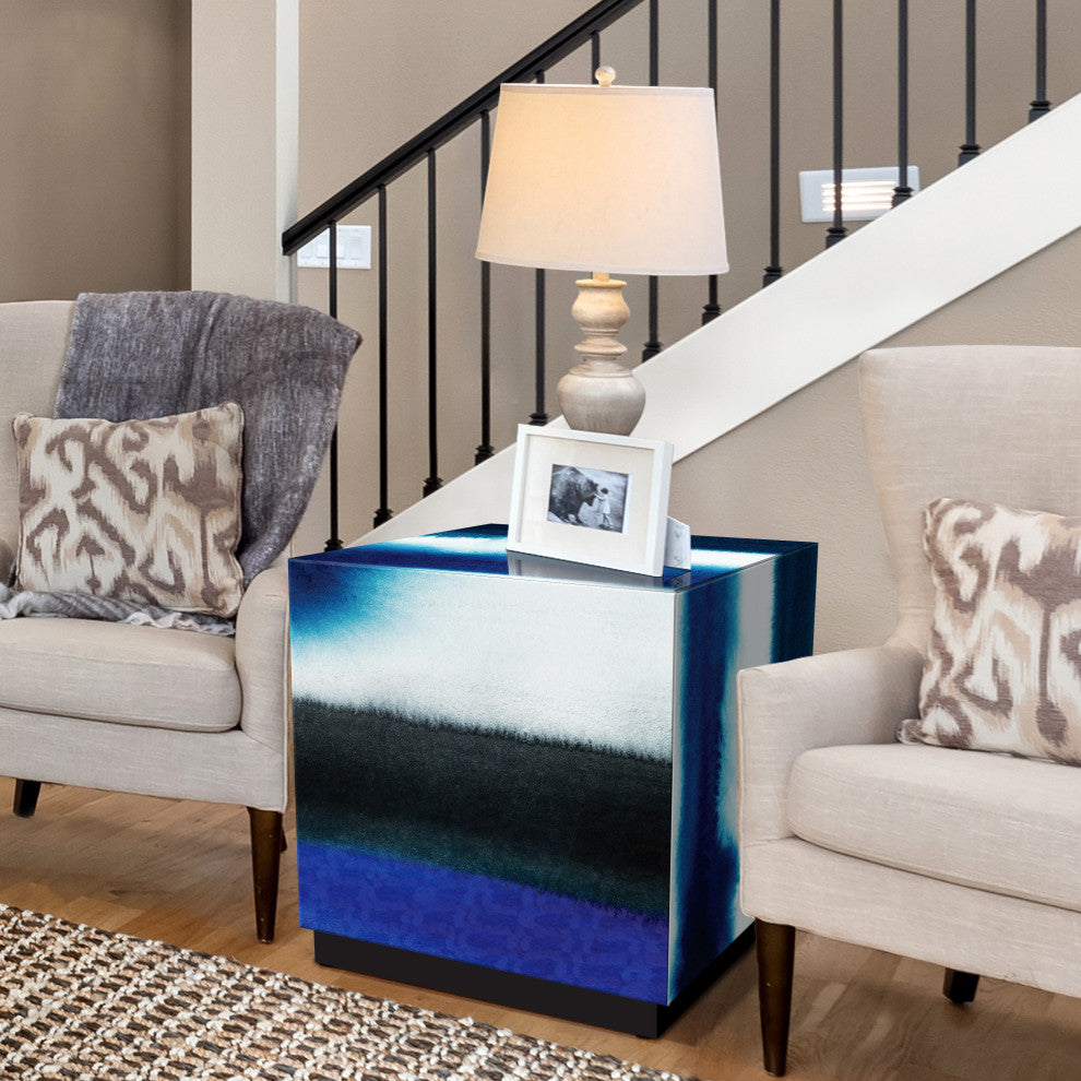 "Blue Run Off II" Reverse Printed Art Glass Side Table with Black Plinth Base