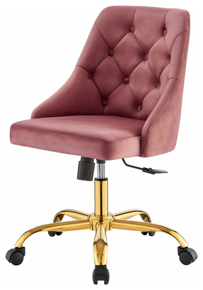 Computer Work Desk Swivel Tufted Chair, Velvet, Gold Pink, Home Business Office