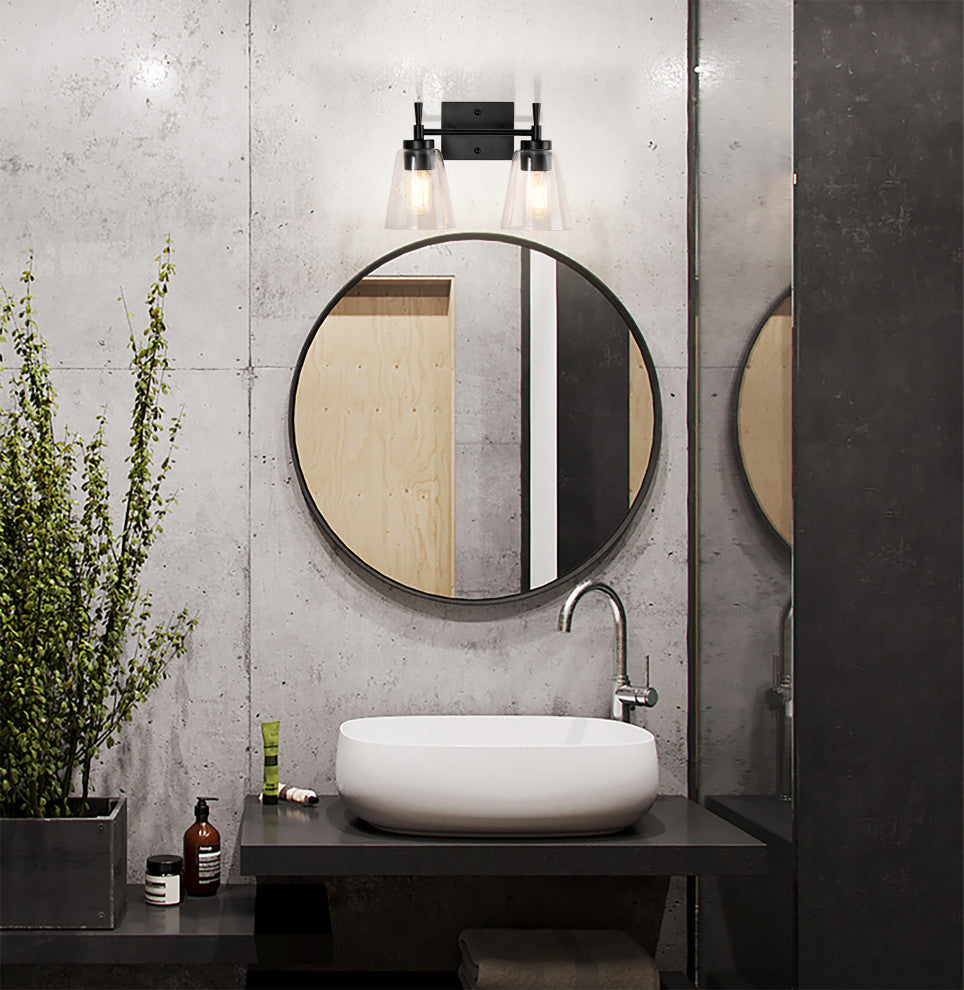 13 in. 2-Lights Matte Black Vanity Light With Clear Glass Cone Shades