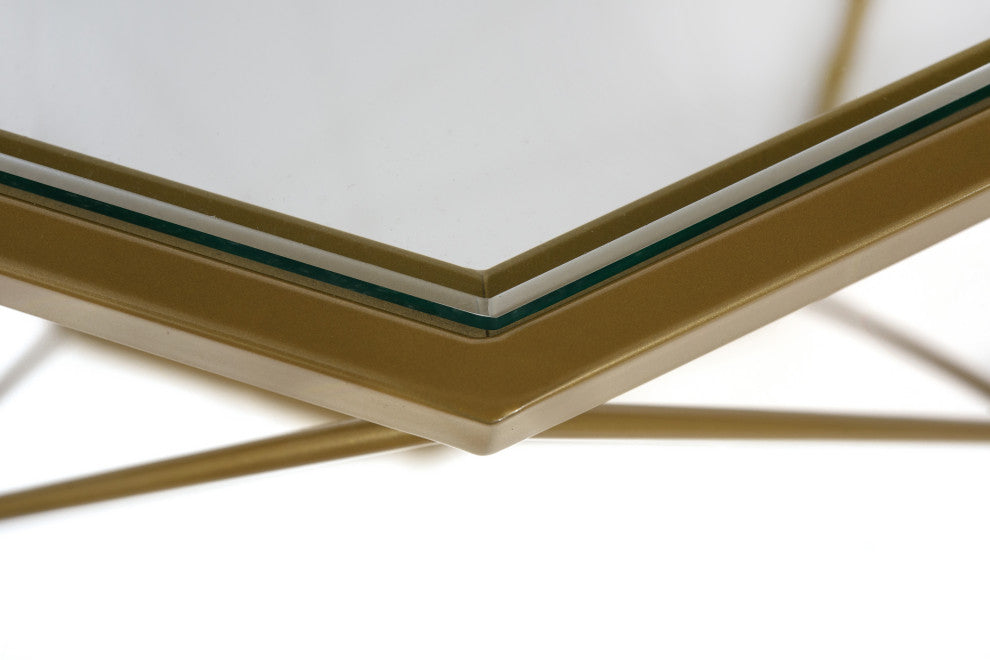 LeisureMod Malibu Modern Geometric Glass Top Coffee Table, Gold