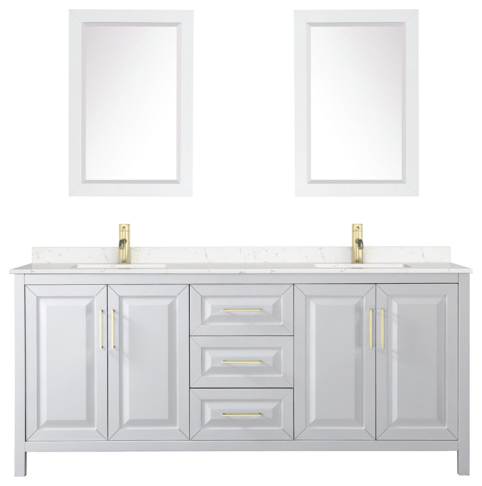 80"DBL Vanity White, Light-Vein Carrara Cult. Top, Sinks, 24"Mirrors, Gold Trim