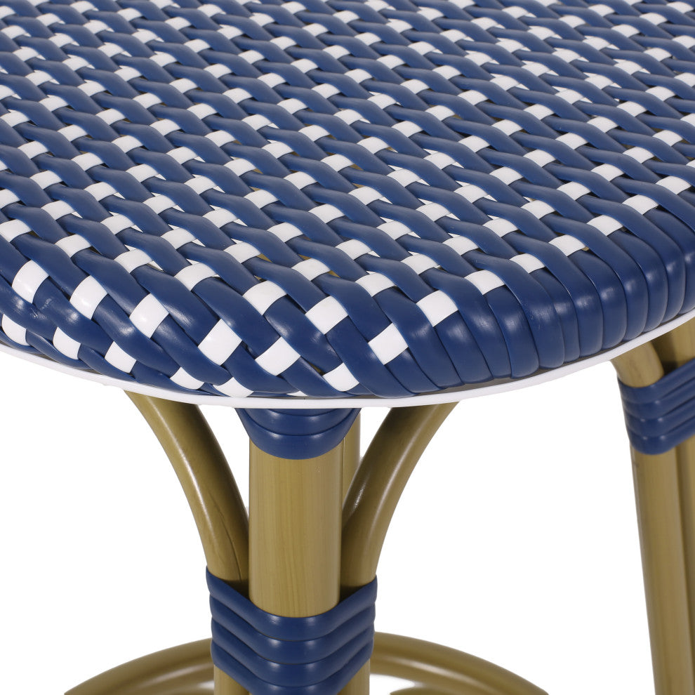 Dohney Outdoor French Aluminum 29.5" Barstools, Set of 2, Navy Blue/White/Bamboo Finish