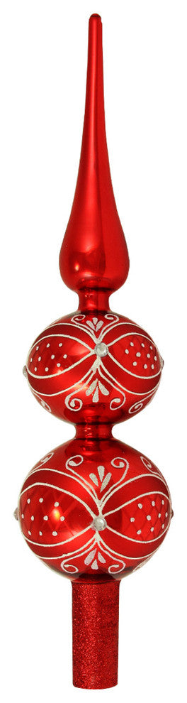 Chic Glittered Finial Christmas Tree Topper, Red Hot, Shiny, 13"
