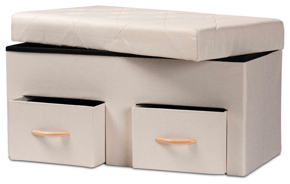 Beige Fabric Upholstered and Oak Brown Finished Wood 2-Drawer Storage Ottoman