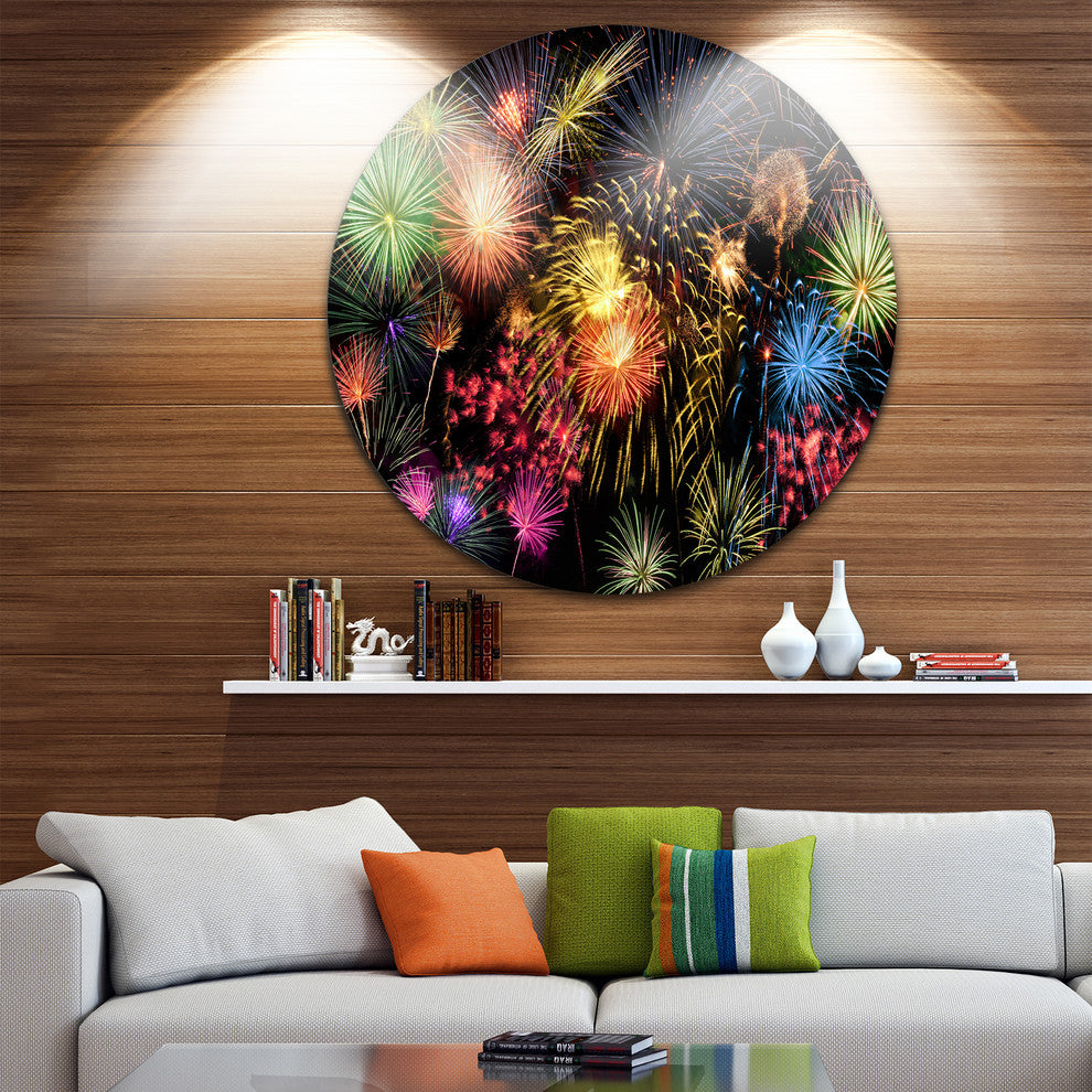Colorful Fireworks At Night Sky, Skyscape Round Metal Wall Art, 23"