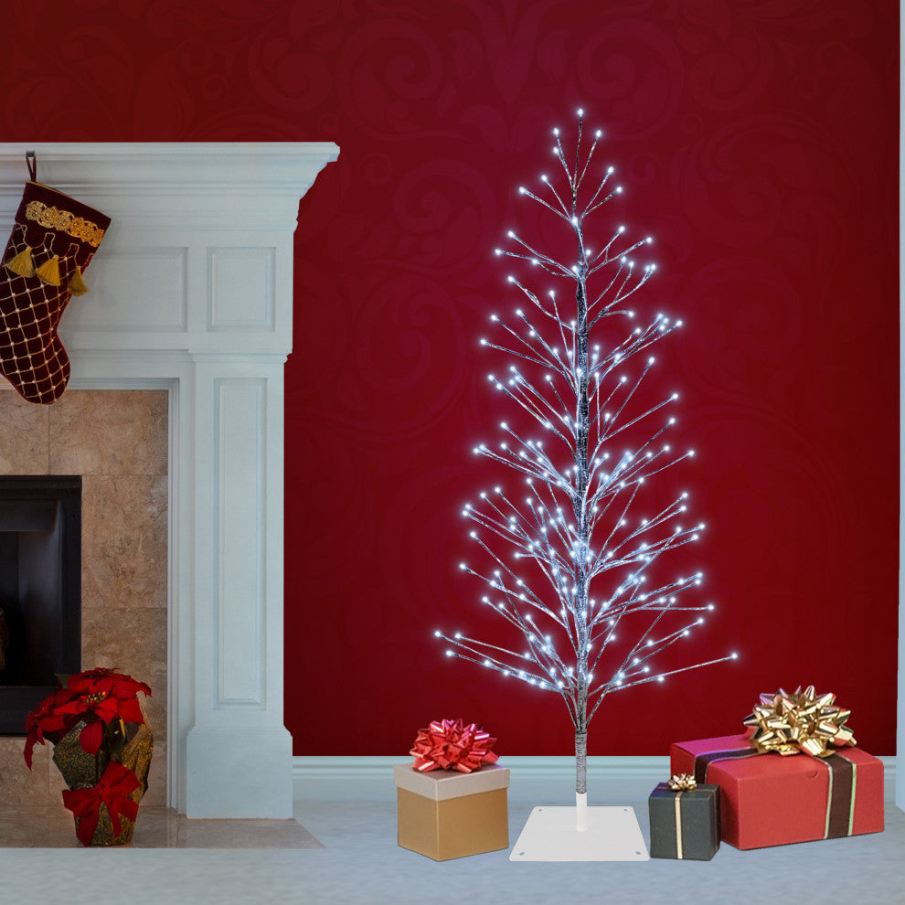 60"H Indoor/Outdoor Artificial Christmas Tree with Cool White LED Lights, Silver