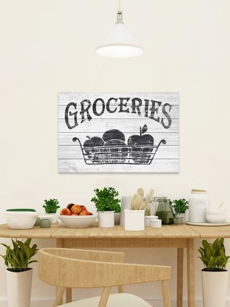 "Groceries Here" Painting Print on White Wood, 60"x40"