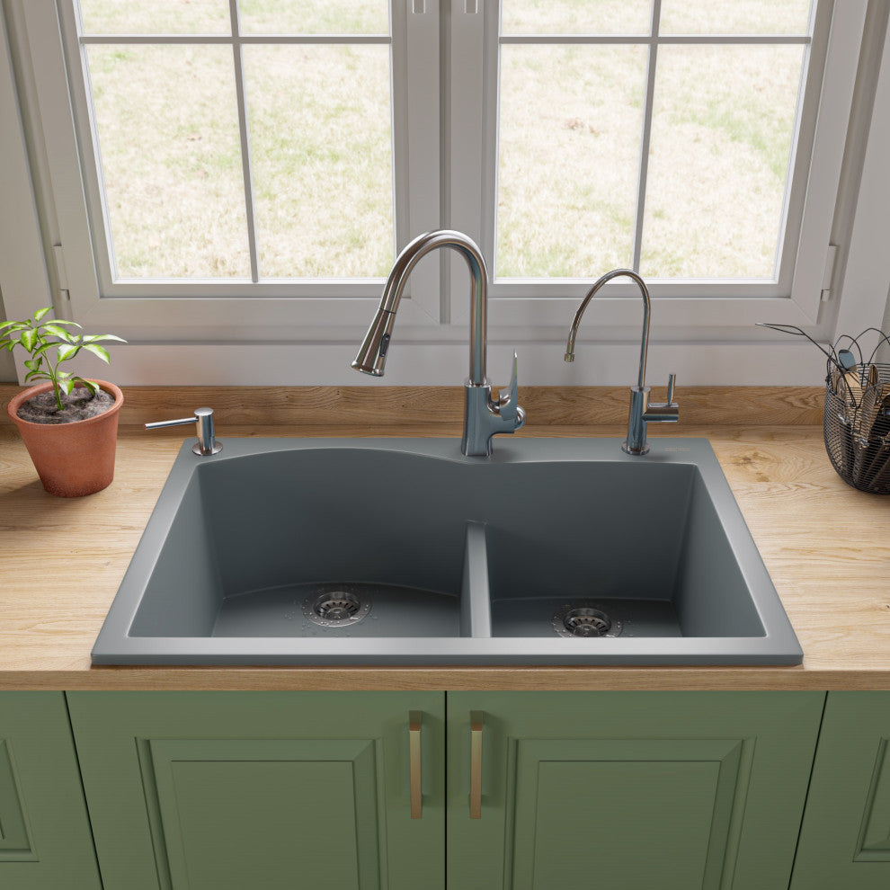 Titanium 33" Double Bowl Drop In Granite Composite Kitchen Sink