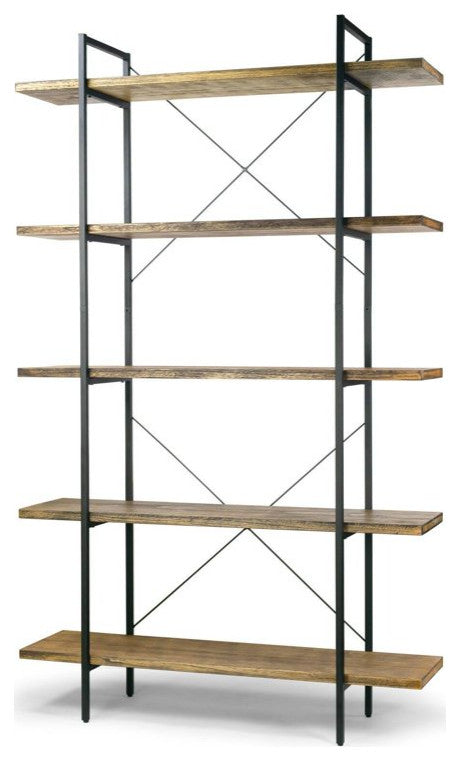 Industrial Bookcase, Metal Frame With Paulownia Wooden Shelves & X-Back Support