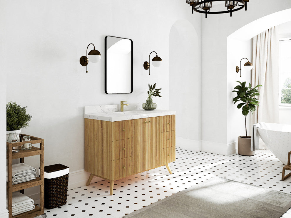 Pasadena 48 Single Sink Bath Vanity in Light Natural Teak 2" Carrara Quartz