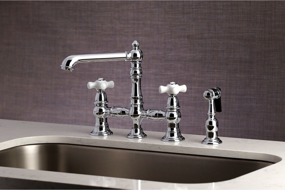 Kingston Brass Bridge Kitchen Faucet With Sprayer, Polished Chrome