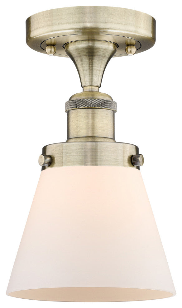 Cone-1 Light 6" Semi-Flush Mount-Antique Brass, Matte White Glass Shade
