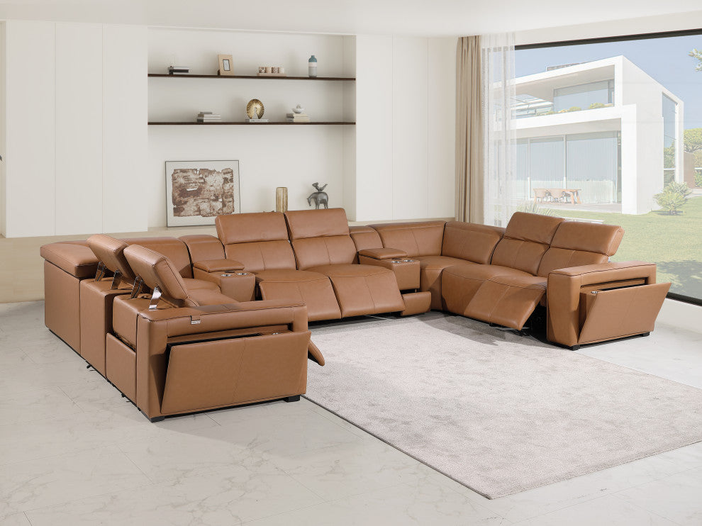 Niccolo Italian Leather 10-Piece U-Shaped 4 Power Reclining Sectional, Cognac